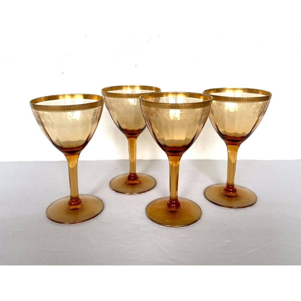 Set 4 Elegant Depression Amber 4.5" Stems 1920 40s Etched Ribbon Sherry Glasses